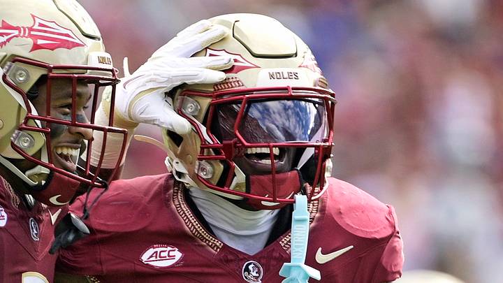 Oct 11, 2025; Tallahassee, Florida, USA; Florida State Seminoles safety Earl Little Jr. (0) and defensive back Ja'Bril Rawls (11) celebrate after an interception during the first half of the game against the Pittsburgh Panthers at Doak S. Campbell Stadium. Mandatory Credit: Melina Myers-Imagn Images Oct 11, 2025; Tallahassee, Florida, USA; Florida State Seminoles safety Earl Little Jr. (0) and defensive back Ja'Bril Rawls (11) celebrate after an interception during the first half of the game against the Pittsburgh Panthers at Doak S. Campbell Stadium. Mandatory Credit: Melina Myers-Imagn Images