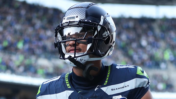 Nov 9, 2025; Seattle, Washington, USA;  Seattle Seahawks wide receiver Jaxon Smith-Njigba (11) celebrates after scoring a touchdown during the first quarter against the Arizona Cardinals at Lumen Field. Mandatory Credit: Kevin Ng-Imagn Images