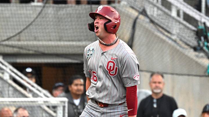 Oklahoma Sooners first baseman Dayton Tockey (16) celebrates scoring against the North Carolina Tar Heels during the second inning at Charles Schwab Field. Oklahoma Sooners first baseman Dayton Tockey (16) celebrates scoring against the North Carolina Tar Heels during the second inning at Charles Schwab Field.