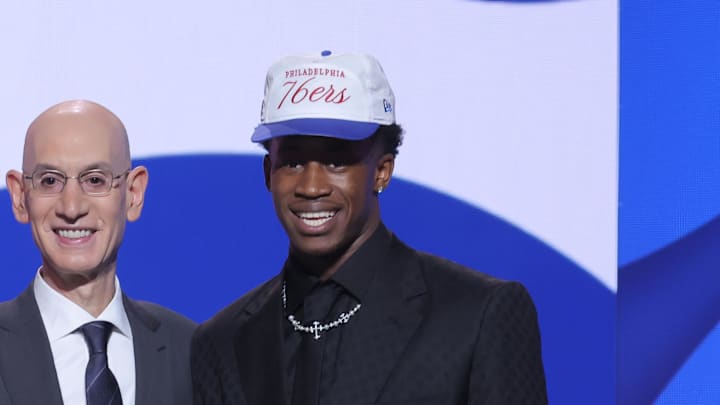 Jun 25, 2025; Brooklyn, NY, USA; VJ Edgecombe stands with NBA commissioner Adam Silver after being selected as the third pick by the Philadelphia 76ers in the first round of the 2025 NBA Draft at Barclays Center. Mandatory Credit: Brad Penner-Imagn Images Jun 25, 2025; Brooklyn, NY, USA; VJ Edgecombe stands with NBA commissioner Adam Silver after being selected as the third pick by the Philadelphia 76ers in the first round of the 2025 NBA Draft at Barclays Center. Mandatory Credit: Brad Penner-Imagn Images
