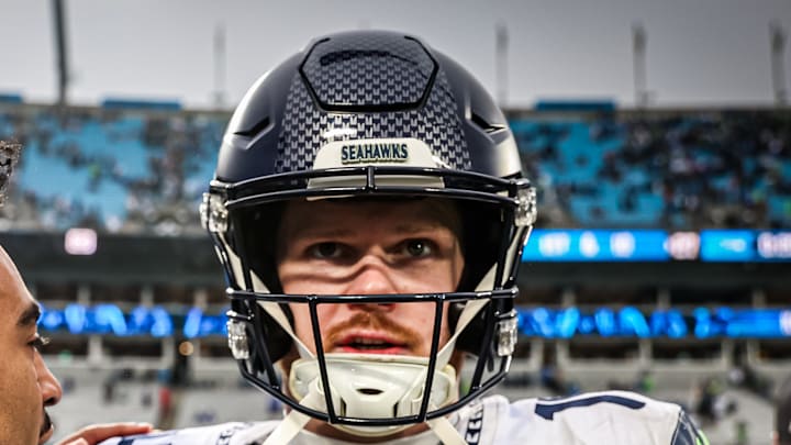 Sam Darnold of the Seattle Seahawks postgame Sam Darnold of the Seattle Seahawks postgame