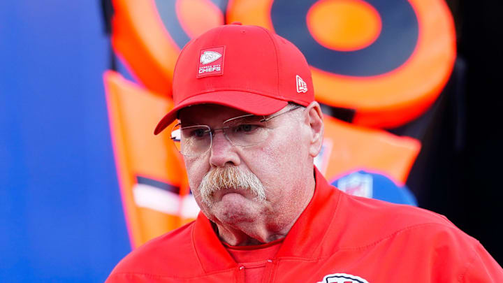 Nov 2, 2025; Orchard Park, New York, USA; Kansas City Chiefs head coach Andy Reid enters the field before the game against the Buffalo Bills at Highmark Stadium. Mandatory Credit: Gregory Fisher-Imagn Images