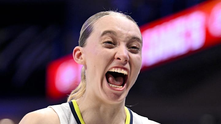 Dallas Wings guard Paige Bueckers celebrates after the game against the Phoenix Mercury