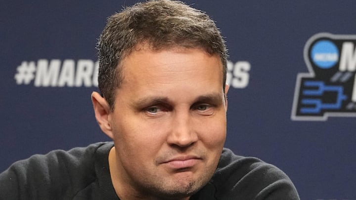 Mar 19, 2025; Providence, RI, USA; McNeese State Cowboys head coach Will Wade answers questions during the first round practice session press conference at Amica Mutual Pavilion. Mandatory Credit: Gregory Fisher-Imagn Images