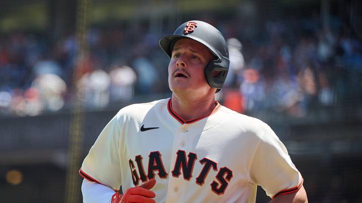 San Francisco, California, USA; San Francisco Giants infielder Matt Chapman (26) runs to the dugout after scoring a run on an RBI single hit by infielder Bryce Eldridge (not pictured) against the Chicago Cubs during the seventh inning at Oracle Park. Mandatory Credit: Robert Edwards-Imagn Images