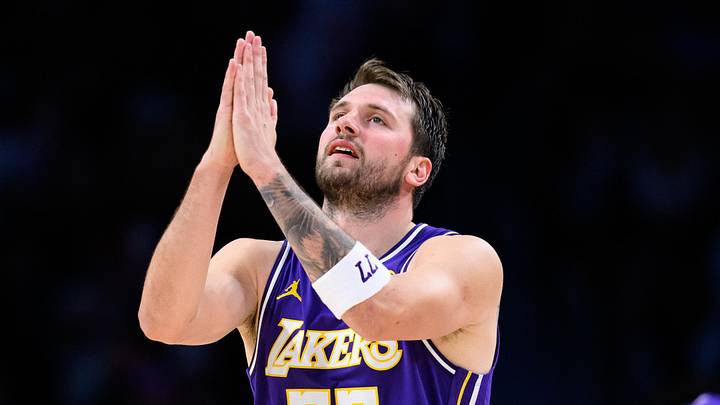 Mar 27, 2026; Los Angeles, California, USA; Los Angeles Lakers guard Luka Doncic (77) gestures during the second half against the Brooklyn Nets at Crypto.com Arena. Mandatory Credit: William Liang-Imagn Images