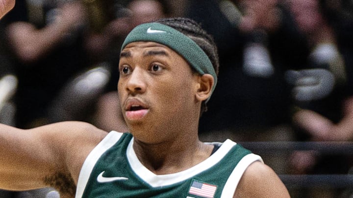 Feb 26, 2026; West Lafayette, Indiana, USA; Michigan State Spartans guard Jeremy Fears Jr. (1) calls a play during the first half of a game against the Purdue Boilermakers at Mackey Arena. 