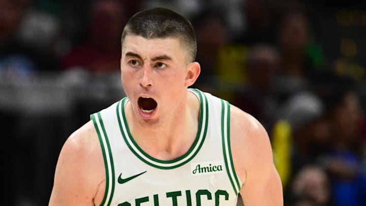 Mar 8, 2026; Cleveland, Ohio, USA; Boston Celtics guard Payton Pritchard (11) celebrates after hitting a three point basket against the Cleveland Cavaliers during the second half at Rocket Arena. Mandatory Credit: Ken Blaze-Imagn Images Mar 8, 2026; Cleveland, Ohio, USA; Boston Celtics guard Payton Pritchard (11) celebrates after hitting a three point basket against the Cleveland Cavaliers during the second half at Rocket Arena. Mandatory Credit: Ken Blaze-Imagn Images