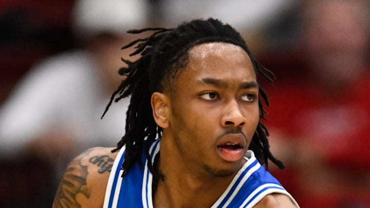 Jan 17, 2026; Stanford, California, USA; Duke Blue Devils guard Isaiah Evans (3) dribbles against Stanford Cardinal guard Ebuka Okorie (1) in the first half at Maples Pavilion. Mandatory Credit: Eakin Howard-Imagn Images