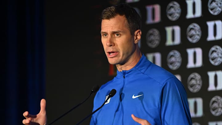 Oct 8, 2025; Charlotte, NC, USA; Duke head coach Jon Scheyer answers questions from the media at The Hilton Charlotte Uptown. Mandatory Credit: William Howard-Imagn Images