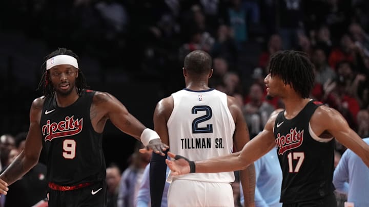 Nov 3, 2023; Portland, Oregon, USA; Portland Trail Blazers small forward Jerami Grant (9) celebrates a three-point shot with teammate Shaedon Sharpe (17) during overtime against the Memphis Grizzlies at Moda Center. Mandatory Credit: Soobum Im-Imagn Images Nov 3, 2023; Portland, Oregon, USA; Portland Trail Blazers small forward Jerami Grant (9) celebrates a three-point shot with teammate Shaedon Sharpe (17) during overtime against the Memphis Grizzlies at Moda Center. Mandatory Credit: Soobum Im-Imagn Images