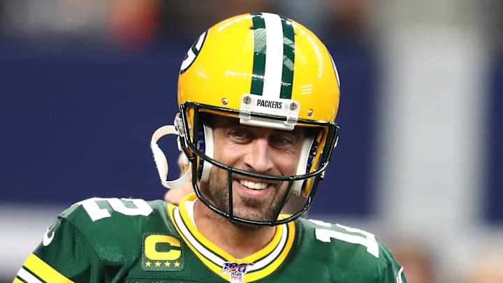 Green Bay Packers quarterback Aaron Rodgers smiles before the game at the Cowboys in 2019.
