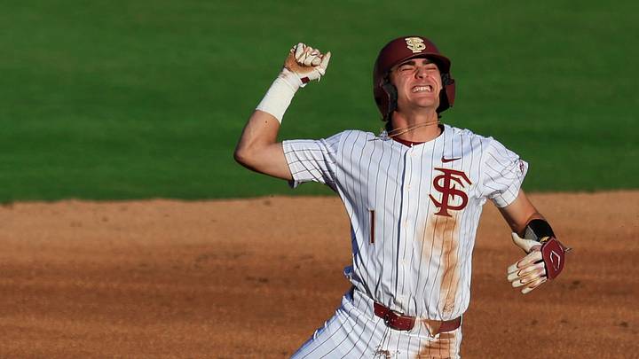 Florida St. infielder Alex Lodise (1) reacts to his double at second base during the first inning of an NCAA college baseball matchup Tuesday, March 25, 2025 at VyStar Ballpark in Jacksonville, Fla. FSU rallied to defeat UF 8-4 off a walk-off grand slam from Alex Lodise in the ninth inning. [Corey Perrine/Florida Times-Union]
