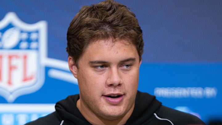 Feb 28, 2026; Indianapolis, IN, USA; Utah offensive lineman Caleb Lomu (OL33) speaks to members of the media during the NFL Combine at the Indiana Convention Center. Mandatory Credit: Jacob Musselman-Imagn Images