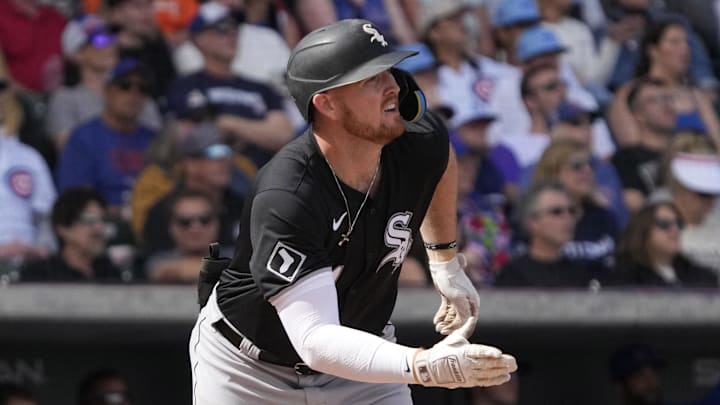 Tim Elko (91) hits a solo home run for the Chicago White Sox during a spring training game against the Chicago Cubs at Sloan Park. Tim Elko (91) hits a solo home run for the Chicago White Sox during a spring training game against the Chicago Cubs at Sloan Park.