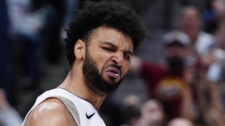 Apr 29, 2025; Denver, Colorado, USA; Denver Nuggets guard Jamal Murray (27) reacts after a steal and basket in the fourth quarter against the LA Clippers during game five of the first round for the 2025 NBA Playoffs at Ball Arena. Mandatory Credit: Ron Chenoy-Imagn Images