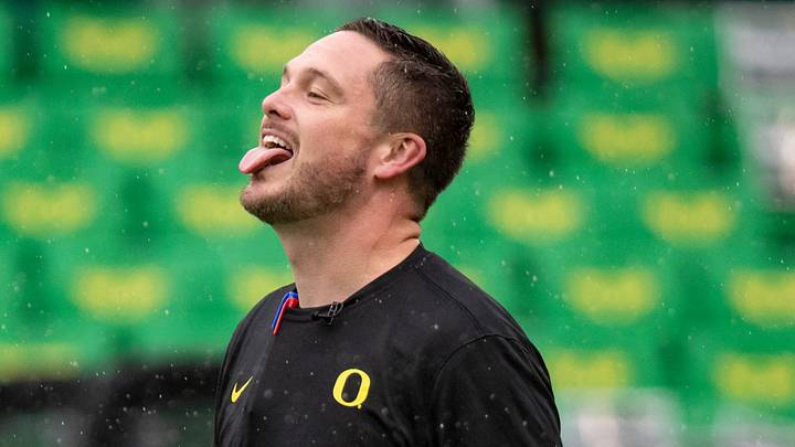 Oregon head coach Dan Lanning sticks his tongue out to catch the rain as the No. 6 Oregon Ducks host California Saturday, Nov. 4, 2023, at Autzen Stadium in Eugene, Ore. Oregon head coach Dan Lanning sticks his tongue out to catch the rain as the No. 6 Oregon Ducks host California Saturday, Nov. 4, 2023, at Autzen Stadium in Eugene, Ore.