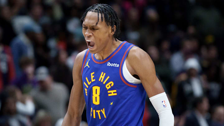 Jan 13, 2026; New Orleans, Louisiana, USA; Denver Nuggets guard Peyton Watson (8) reacts to making a basket against the New Orleans Pelicans during the fourth quarter at Smoothie King Center. Mandatory Credit: Matthew Hinton-Imagn Images