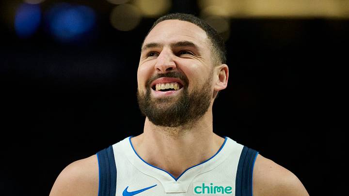 Mar 27, 2026; Portland, Oregon, USA; Dallas Mavericks guard Klay Thompson (31) looks on during the second half against the Portland Trail Blazers at Moda Center. Mandatory Credit: Troy Wayrynen-Imagn Images