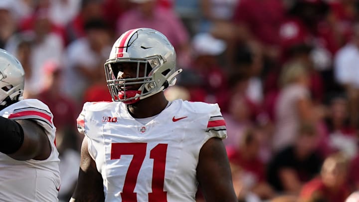 Sep 2, 2023; Bloomington, Indiana, USA; Ohio State Buckeyes offensive lineman Josh Simmons (71) lines up beside offensive lineman Donovan Jackson (74) during the NCAA football game at Indiana University Memorial Stadium. Ohio State won 23-3. Sep 2, 2023; Bloomington, Indiana, USA; Ohio State Buckeyes offensive lineman Josh Simmons (71) lines up beside offensive lineman Donovan Jackson (74) during the NCAA football game at Indiana University Memorial Stadium. Ohio State won 23-3.