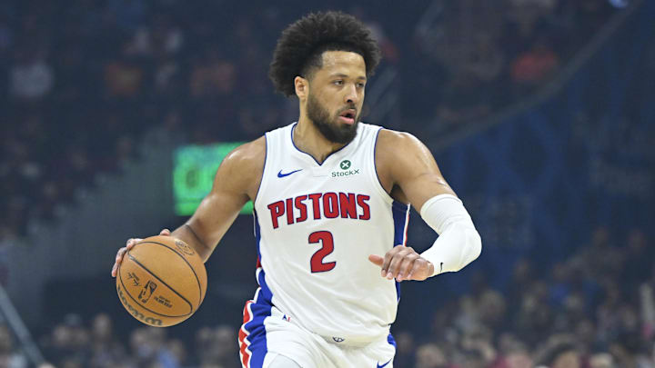 Mar 3, 2026; Cleveland, Ohio, USA; Detroit Pistons guard Cade Cunningham (2) dribbles the ball in the first quarter against the Cleveland Cavaliers at Rocket Arena. Mandatory Credit: David Richard-Imagn Images