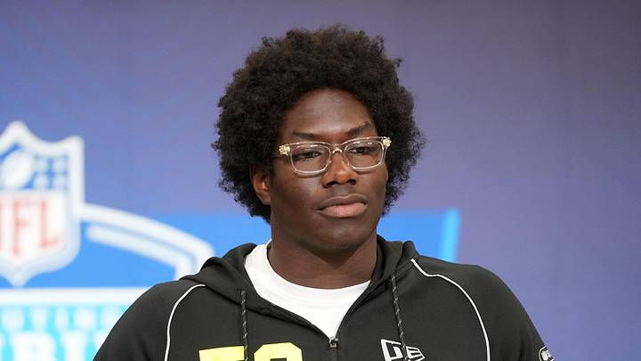 Feb 25, 2026; Indianapolis, IN, USA; Southern California defensive lineman Anthony Lucas (DL50) speaks during the NFL Scouting Combine at the Indiana Convention Center. Mandatory Credit: Kirby Lee-Imagn Images Feb 25, 2026; Indianapolis, IN, USA; Southern California defensive lineman Anthony Lucas (DL50) speaks during the NFL Scouting Combine at the Indiana Convention Center. Mandatory Credit: Kirby Lee-Imagn Images