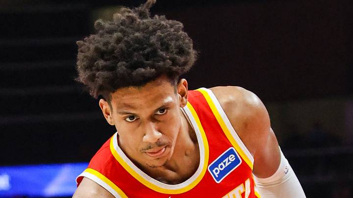 Atlanta Hawks forward Jalen Johnson (1) against the Chicago Bulls at State Farm Arena, Dec 23, 2025.