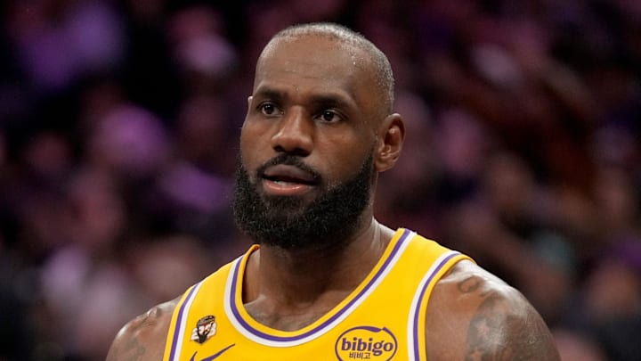 Jan 12, 2026; Sacramento, California, USA; Los Angeles Lakers forward LeBron James (23) reacts after the Sacramento Kings made a three point basket in the third quarter at the Golden 1 Center. Mandatory Credit: Cary Edmondson-Imagn Images