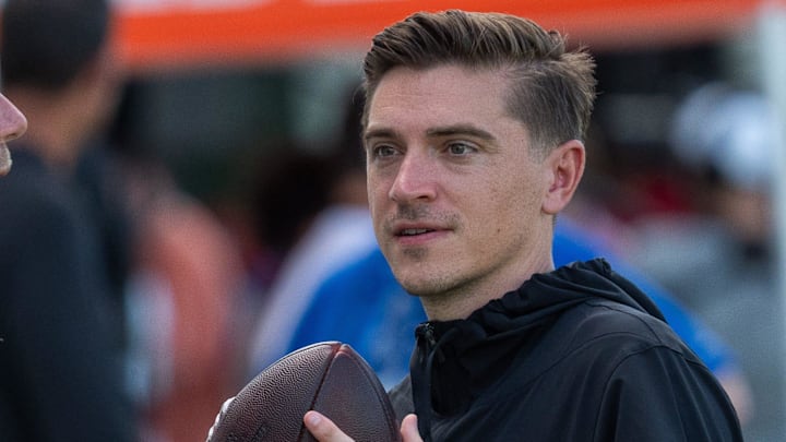 Jacksonville Jaguars General Manager James Gladstone, right, talks along the sideline after the Jaguars 14th NFL training camp session at Miller Electric Center Tuesday August 12, 2025 in Jacksonville, Fla. The Jaguars travel to New Orleans to play the Saints this Sunday in their second preseason game. [Doug Engle/Florida Times-Union]