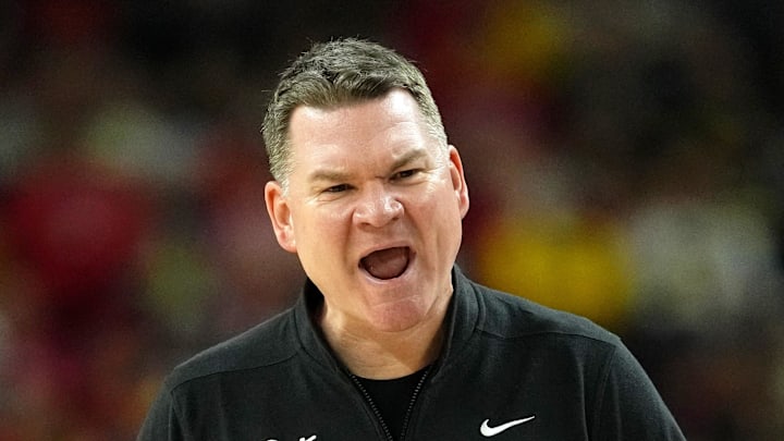 Apr 4, 2026; Indianapolis, IN, USA; Arizona Wildcats head coach Tommy Lloyd reacts during the second half in a semifinal of the Final Four of the men's 2026 NCAA Tournament at Lucas Oil Stadium. Mandatory Credit: Bob Donnan-Imagn Images