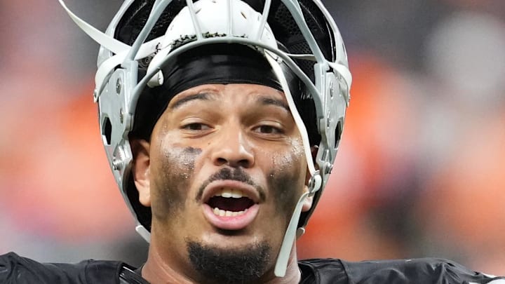 Dec 7, 2025; Paradise, Nevada, USA; Las Vegas Raiders guard Caleb Rogers (76) leaves the field following a game against the Denver Broncos at Allegiant Stadium. Mandatory Credit: Stephen R. Sylvanie-Imagn Images Dec 7, 2025; Paradise, Nevada, USA; Las Vegas Raiders guard Caleb Rogers (76) leaves the field following a game against the Denver Broncos at Allegiant Stadium. Mandatory Credit: Stephen R. Sylvanie-Imagn Images