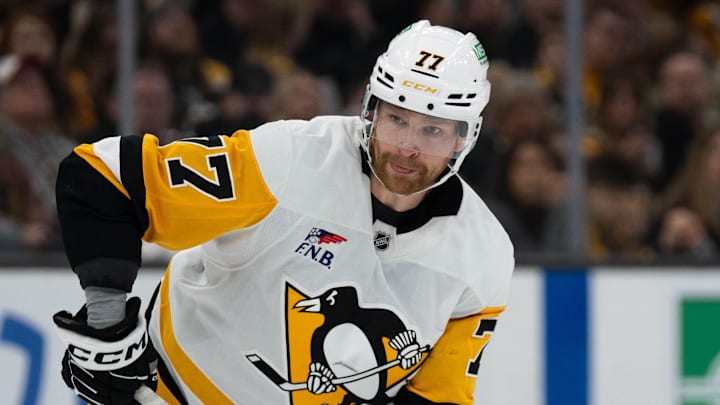Jan 11, 2026; Boston, Massachusetts, USA; Pittsburgh Penguins defenseman Brett Kulak (77) skates with the puck during the second period of the game against the Boston Bruins at TD Garden. Mandatory Credit: Natalie Reid-Imagn Images