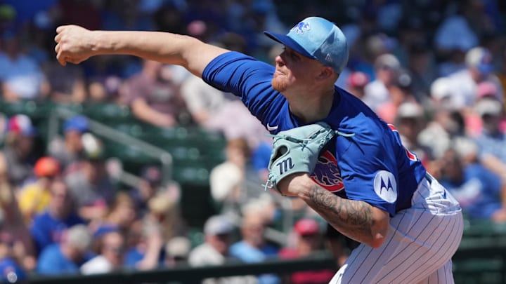 Mar 21, 2025; Mesa, Arizona, USA; Chicago Cubs pitcher Cade Horton throws against the San Diego Padres in the first inning at Sloan Park