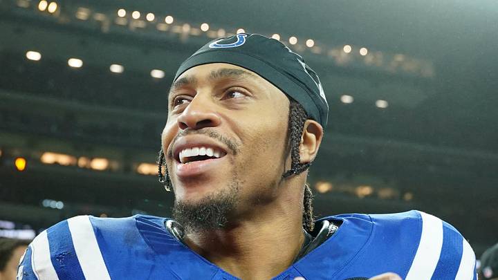 Indianapolis Colts running back Jonathan Taylor smiles