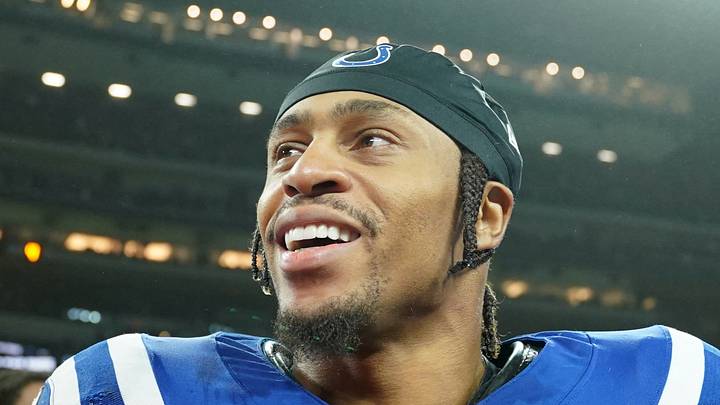 Indianapolis Colts running back Jonathan Taylor smiles