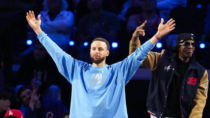 Feb 15, 2026; Inglewood, California, USA; Team USA Stripes guard Stephen Curry (30) of the Golden State Warriors reacts in game three against Team World during the 75th NBA All Star Game at Intuit Dome. Mandatory Credit: Kirby Lee-Imagn Images