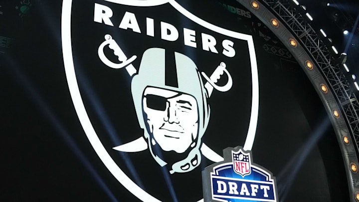 Apr 25, 2024; Detroit, MI, USA; A Las Vegas Raiders logo at the 2024 NFL Draft at Campus Martius Park and Hart Plaza. Mandatory Credit: Kirby Lee-Imagn Images Apr 25, 2024; Detroit, MI, USA; A Las Vegas Raiders logo at the 2024 NFL Draft at Campus Martius Park and Hart Plaza. Mandatory Credit: Kirby Lee-Imagn Images