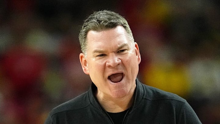 Apr 4, 2026; Indianapolis, IN, USA; Arizona Wildcats head coach Tommy Lloyd reacts during the second half in a semifinal of the Final Four of the men's 2026 NCAA Tournament at Lucas Oil Stadium. Mandatory Credit: Bob Donnan-Imagn Images