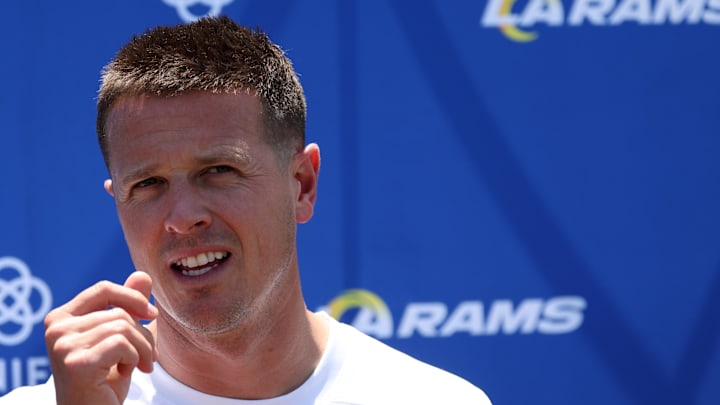 Jul 31, 2024; Los Angeles, CA, USA; Los Angeles Rams offensive coordinator Mike LaFleur speaks to the media after training camp at Loyola Marymount University. Mandatory Credit: Kiyoshi Mio-Imagn Images Jul 31, 2024; Los Angeles, CA, USA; Los Angeles Rams offensive coordinator Mike LaFleur speaks to the media after training camp at Loyola Marymount University. Mandatory Credit: Kiyoshi Mio-Imagn Images