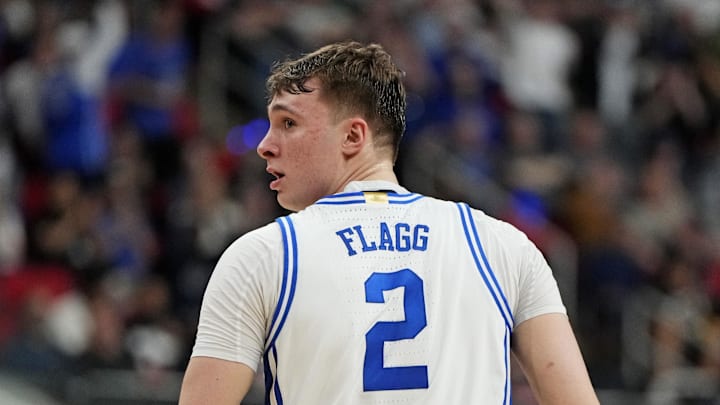 Mar 23, 2025; Raleigh, NC, USA; Duke Blue Devils forward Cooper Flagg (2) reacts after scoring a basket  during the first half against the Baylor Bears in the second round of the NCAA Tournament at Lenovo Center. Mandatory Credit: Bob Donnan-Imagn Images