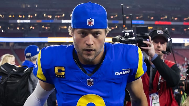 Jan 13, 2025; Glendale, AZ, USA; Los Angeles Rams quarterback Matthew Stafford (9) against the Minnesota Vikings during an NFC wild card game at State Farm Stadium. Mandatory Credit: Mark J. Rebilas-Imagn Images Jan 13, 2025; Glendale, AZ, USA; Los Angeles Rams quarterback Matthew Stafford (9) against the Minnesota Vikings during an NFC wild card game at State Farm Stadium. Mandatory Credit: Mark J. Rebilas-Imagn Images