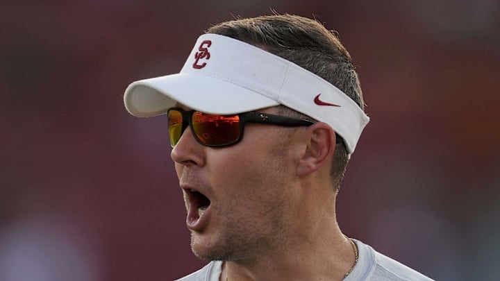 Sep 3, 2022; Los Angeles, California, USA; Southern California Trojans head coach Lincoln Riley reacts in the second half against the Rice Owls at United Airlines Field at Los Angeles Memorial Coliseum. Mandatory Credit: Kirby Lee-Imagn Images