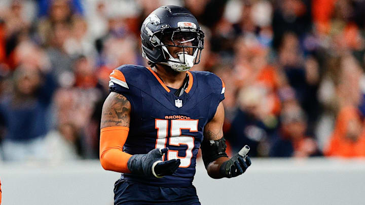 Sep 29, 2025; Denver, Colorado, USA; Denver Broncos linebacker Nik Bonitto (15) celebrates after sacking Cincinnati Bengals quarterback Jake Browning (6) during the third quarter at Empower Field at Mile High.