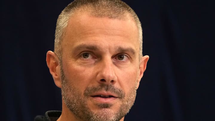 Feb 25, 2025; Indianapolis, IN, USA; Las Vegas Raiders general manager John Spytek speaks during the NFL Scouting Combine at the Indiana Convention Center. Mandatory Credit: Kirby Lee-Imagn Images
