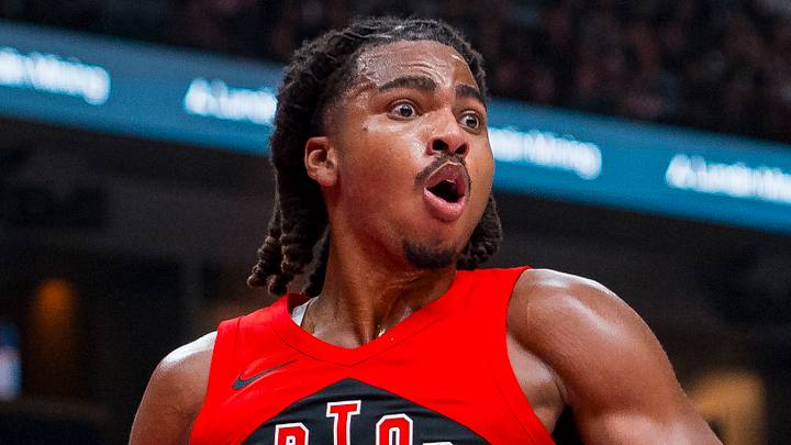Oct 10, 2026; Vancouver, British Columbia, CAN; Toronto Raptors forward Collin Murray-Boyles (30) reacts to an official’s call against the Los Angeles Clippers in the first half at Rogers Arena. Mandatory Credit: Bob Frid-Imagn Images
