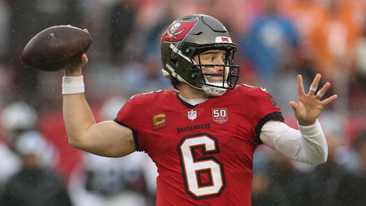 Tampa Bay Buccaneers quarterback Baker Mayfield (6) throws a pass against the Carolina Panthers 