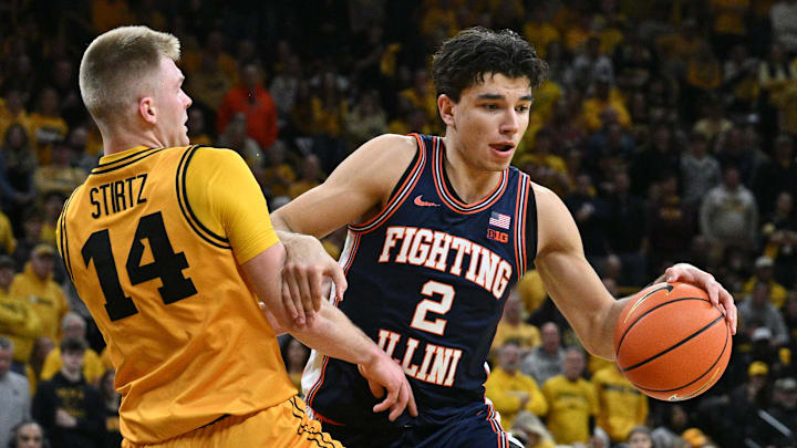 Illinois guard Andrej Stojaković drives to the basket against Iowa guard Bennett Stirtz during their regular-season game on Jan. 11. Illinois guard Andrej Stojaković drives to the basket against Iowa guard Bennett Stirtz during their regular-season game on Jan. 11.