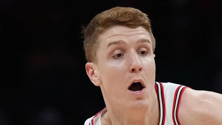 Chicago Bulls guard Kevin Huerter (13) drives past Miami Heat guard Kasparas Jakucionis (25) during the first half at Kaseya Center on Jan 31, 2026.