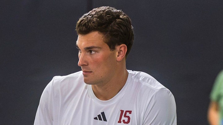 Fernando Mendoza participates in Indiana University's Pro Day at Mellencamp Pavilion on Wednesday, April 1, 2026.