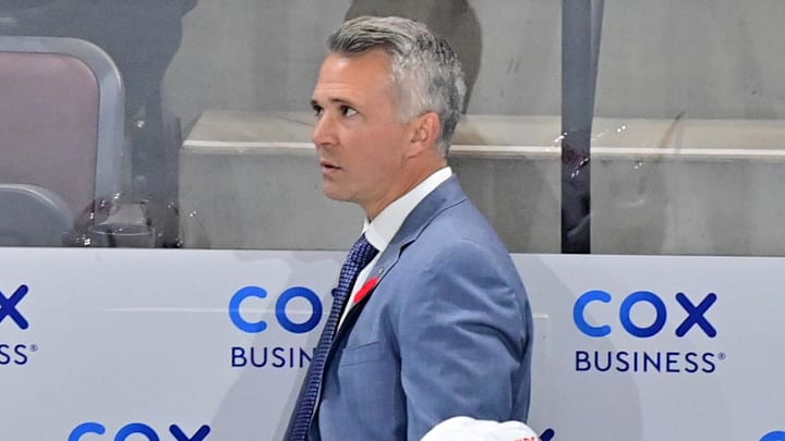 Nov 2, 2023; Tempe, Arizona, USA;  Montreal Canadiens head coach Martin St-Louis looks on in the third period against the Arizona Coyotes at Mullett Arena. Mandatory Credit: Matt Kartozian-Imagn Images